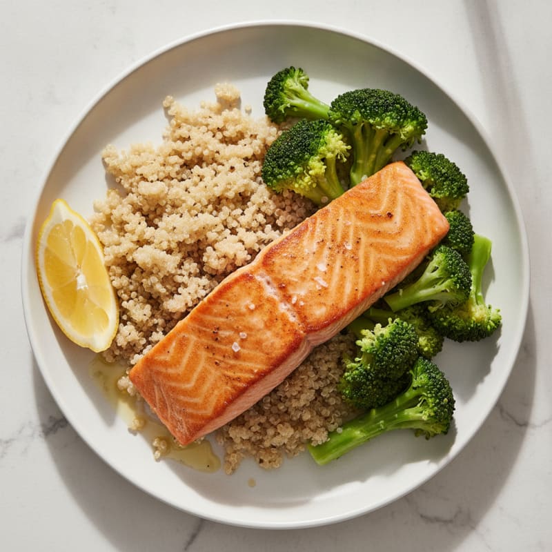 Seared Salmon Fillet with Steamed Broccoli and Quinoa