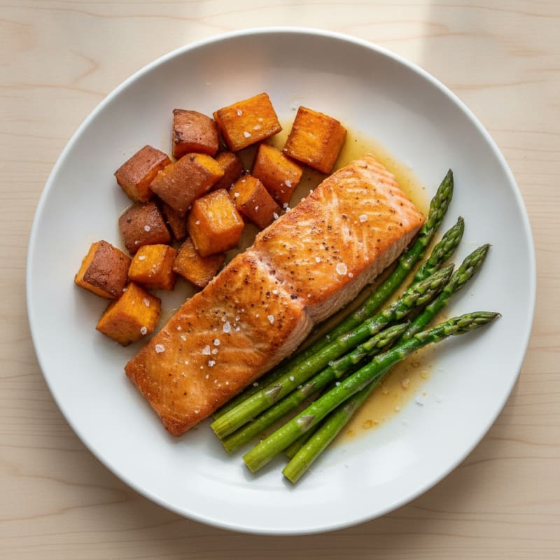 Seared Salmon with Roasted Sweet Potato and Asparagus
