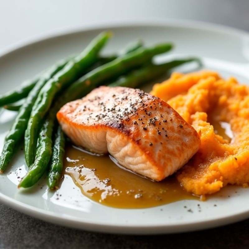 Seared Salmon Fillet with Steamed Green Beans and Sweet Potato Mash