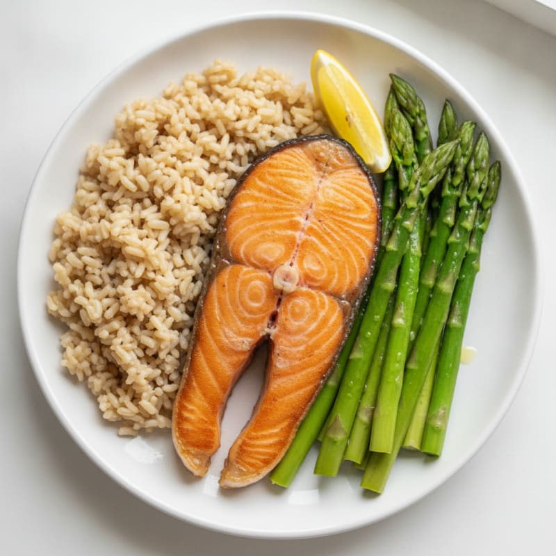 Seared Salmon with Steamed Asparagus and Brown Rice