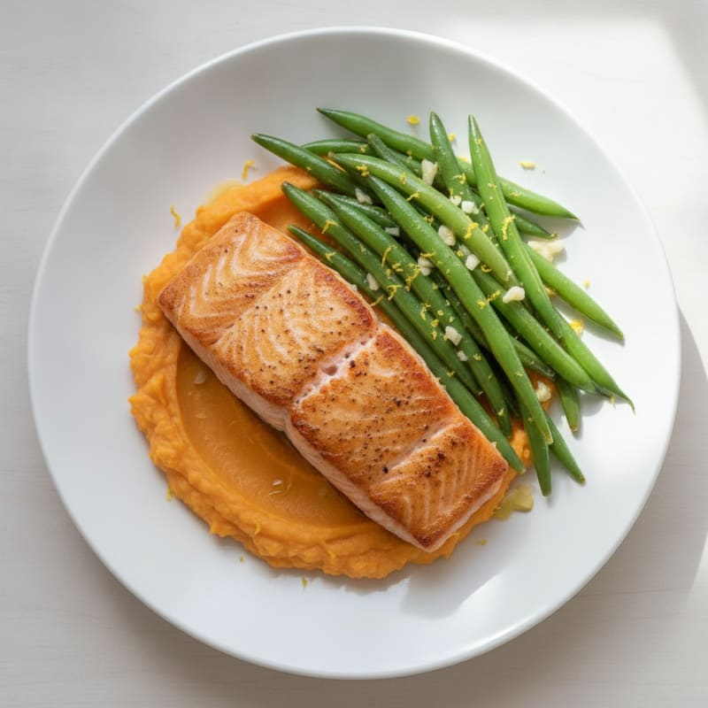 Seared Salmon with Garlic Green Beans and Sweet Potato Mash