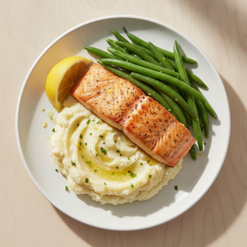 Seared Salmon Fillet with Creamy Garlic Mashed Potatoes and Steamed Green Beans