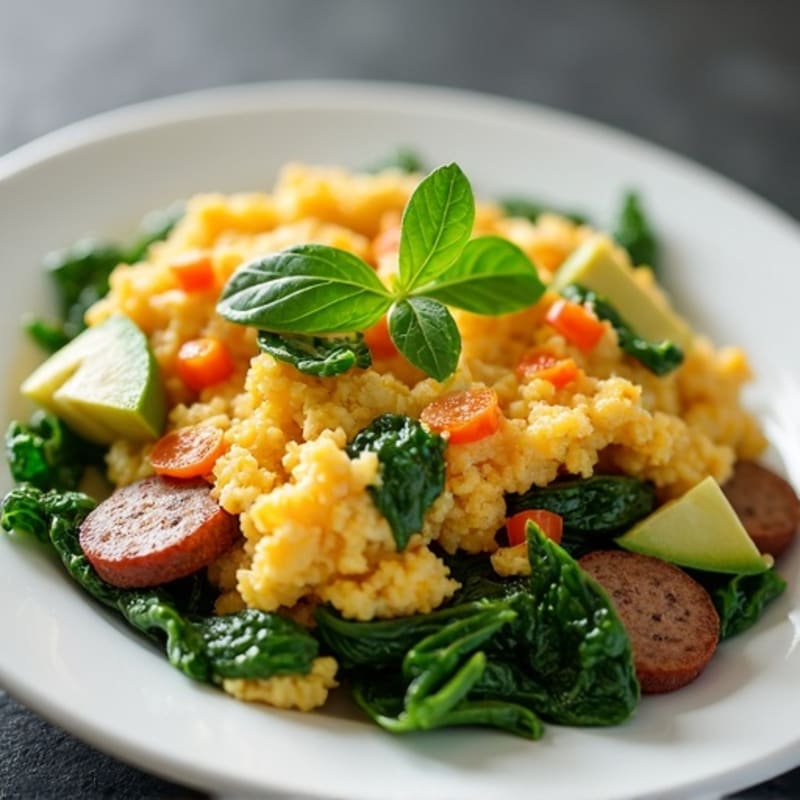 Egg White and Turkey Sausage Scramble with Sautéed Spinach