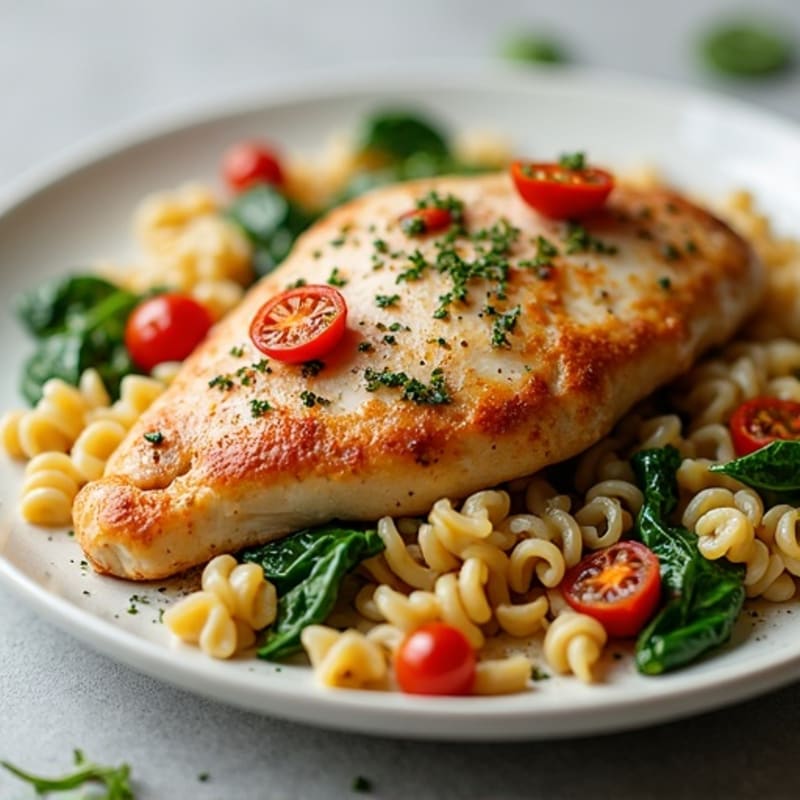 Creamy Sun-Dried Tomato Chicken with Spinach and Whole Wheat Pasta