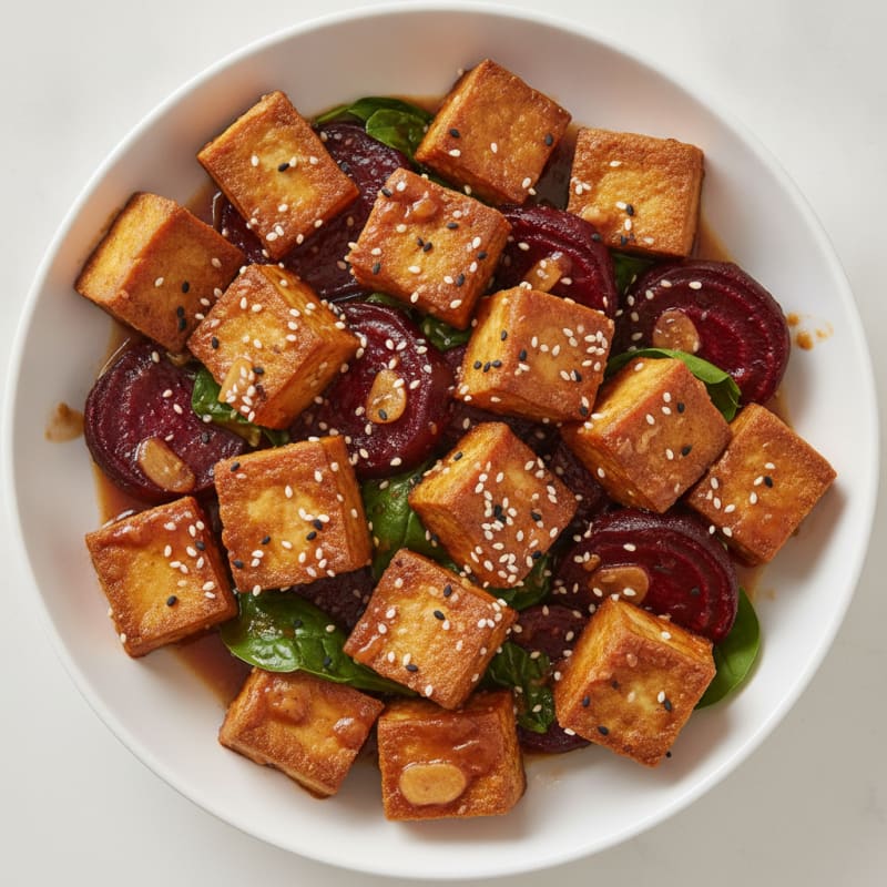 Roasted Beet Tofu with Ginger Glaze