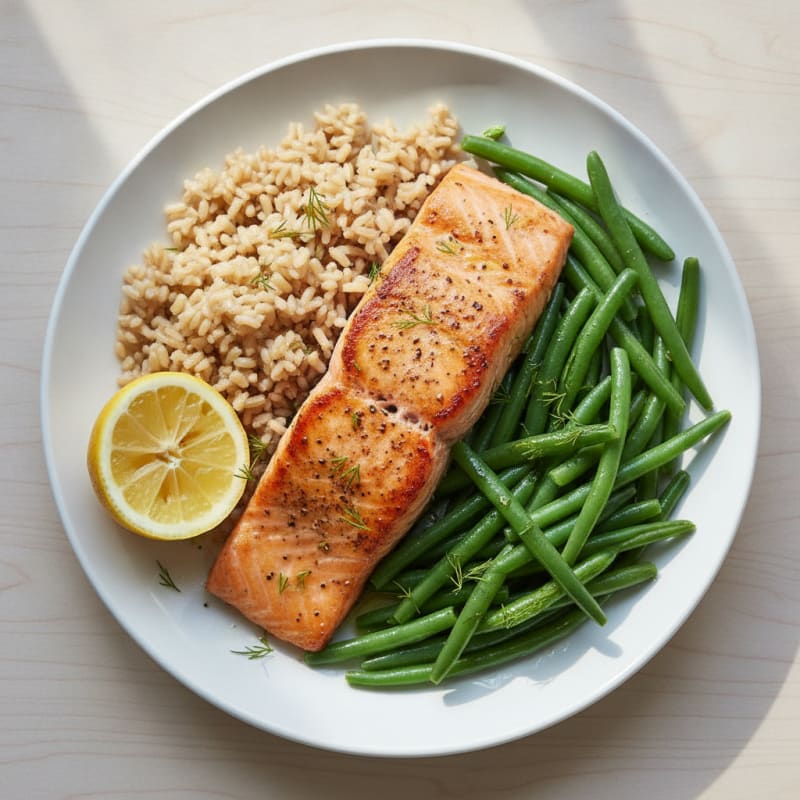 Seared Salmon with Steamed Green Beans and Brown Rice