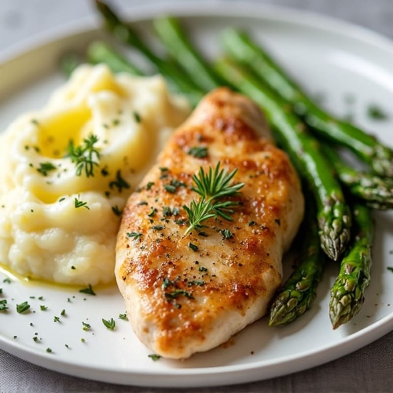 Pan-Seared Lemon Herb Chicken with Creamy Garlic Mashed Potatoes and Roasted Asparagus
