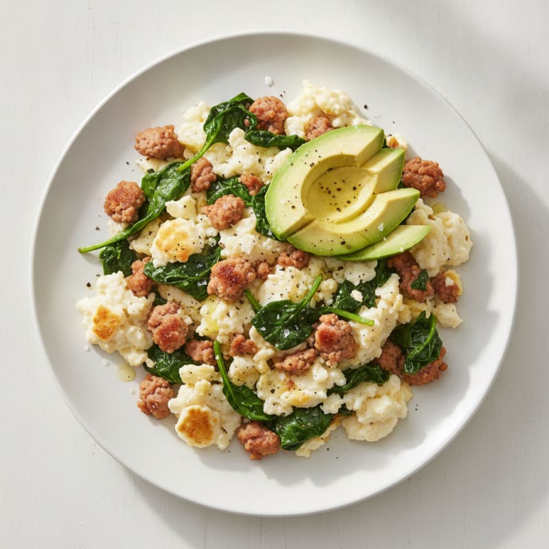 Egg White Scramble with Turkey Sausage and Sautéed Spinach
