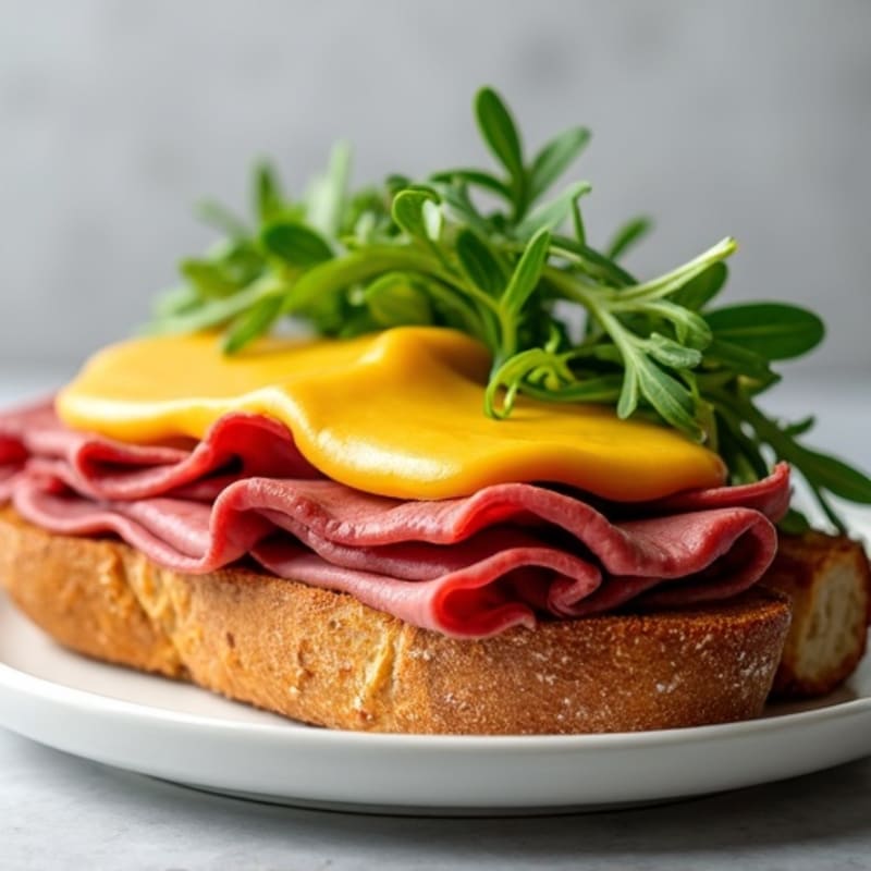 Lean Roast Beef Open-Faced Sandwich with Melted Sharp Cheddar and Fresh Arugula
