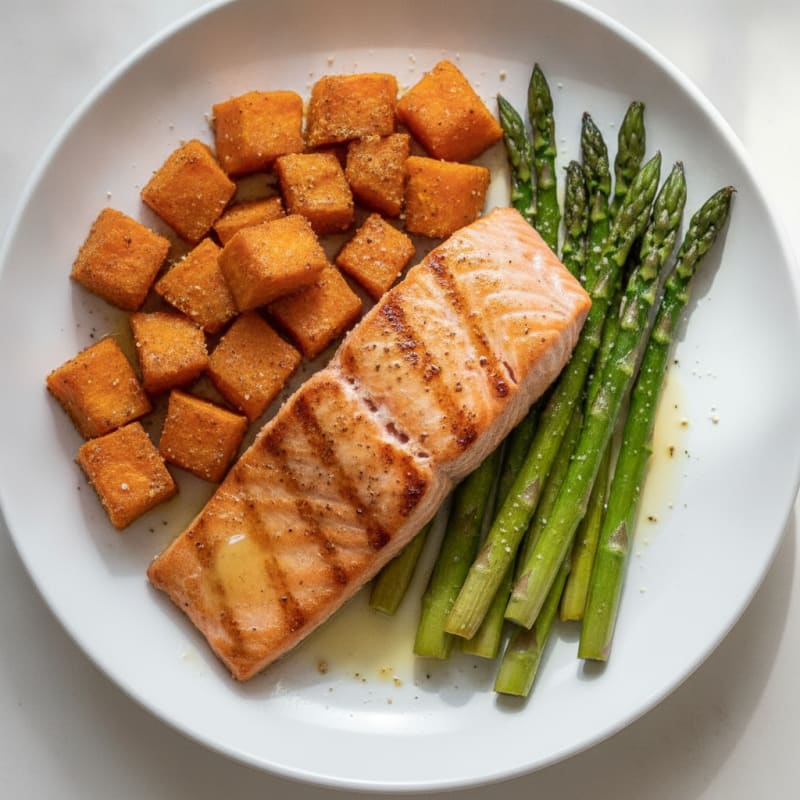 Seared Salmon Fillet with Roasted Sweet Potato and Asparagus