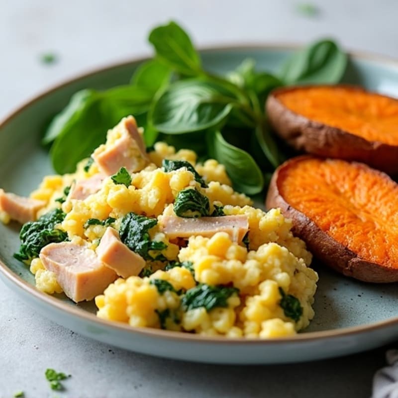 Egg White and Turkey Spinach Scramble with Roasted Sweet Potatoes
