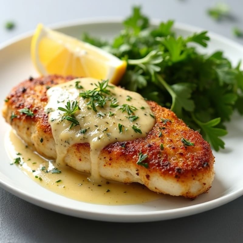 Herb-Crusted Pan Seared Chicken with Lemon Garlic Sauce