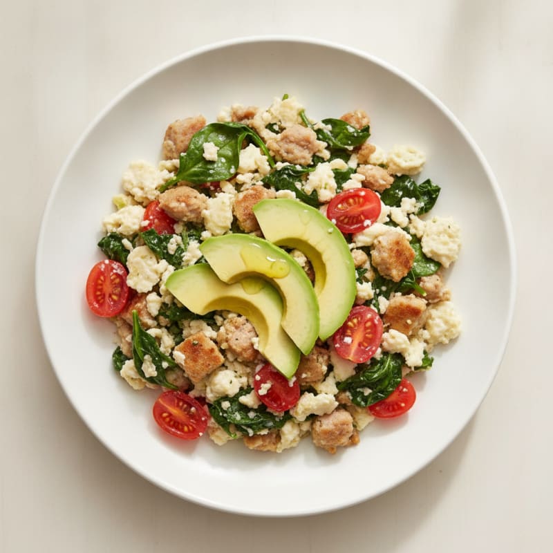 Egg White and Turkey Sausage Scramble with Spinach and Tomatoes