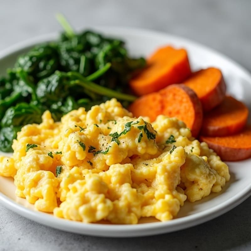 Scrambled Eggs with Roasted Sweet Potatoes, Sautéed Spinach & Ground Turkey