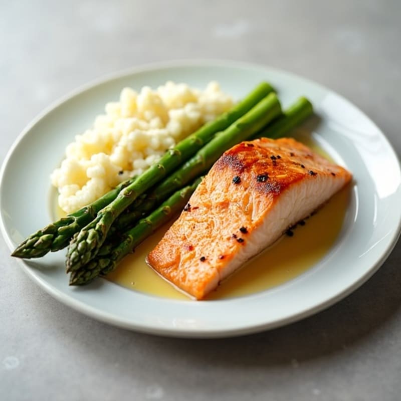 Seared Salmon with Steamed Asparagus and Cauliflower Mash