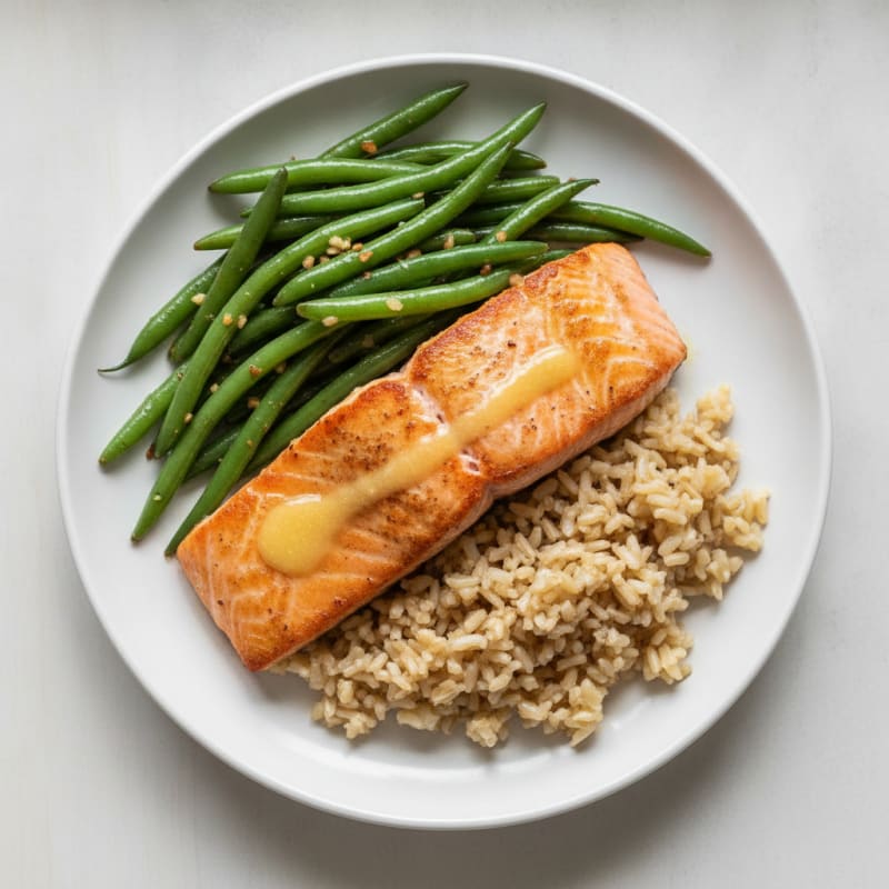Seared Salmon Fillet with Garlic Green Beans and Brown Rice