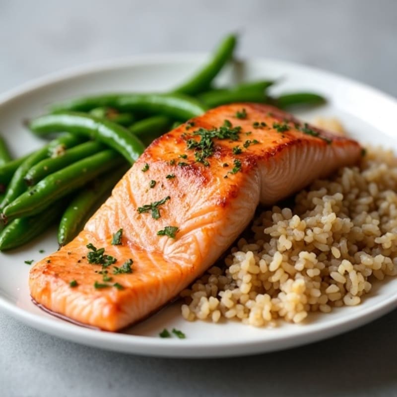 Seared Salmon with Garlic Green Beans and Brown Rice