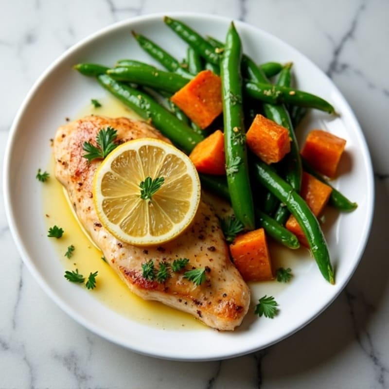 Tender Lemon-Herb Chicken with Roasted Sweet Potatoes and Green Beans