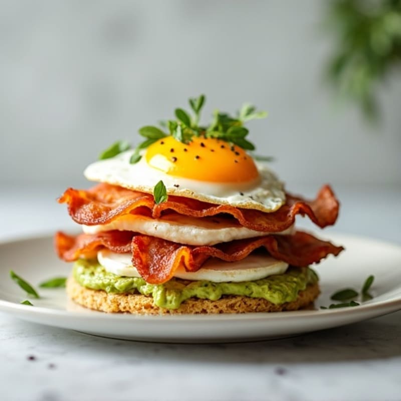 Crispy Turkey Bacon Egg Stack with Smashed Avocado Rice Cake