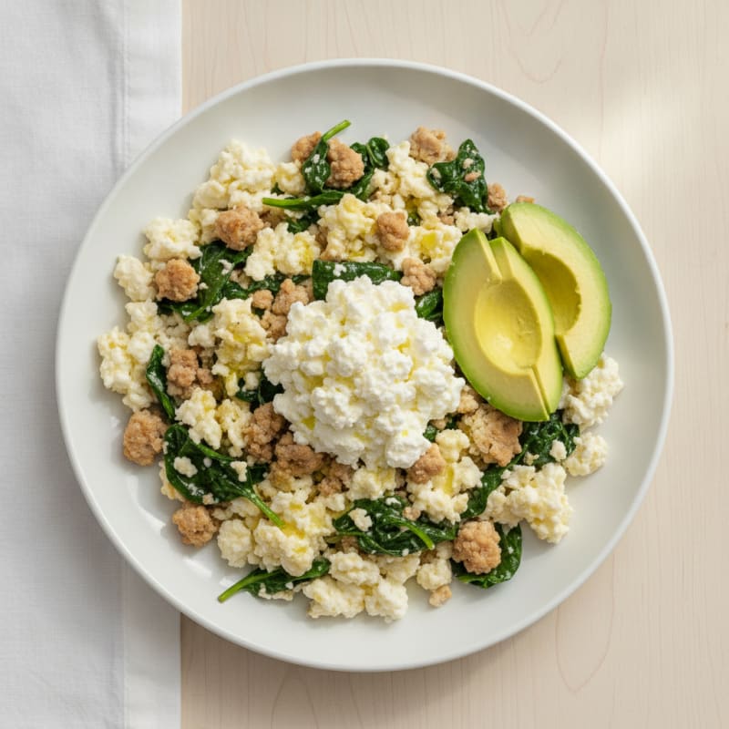 Egg White and Turkey Spinach Scramble with Cottage Cheese
