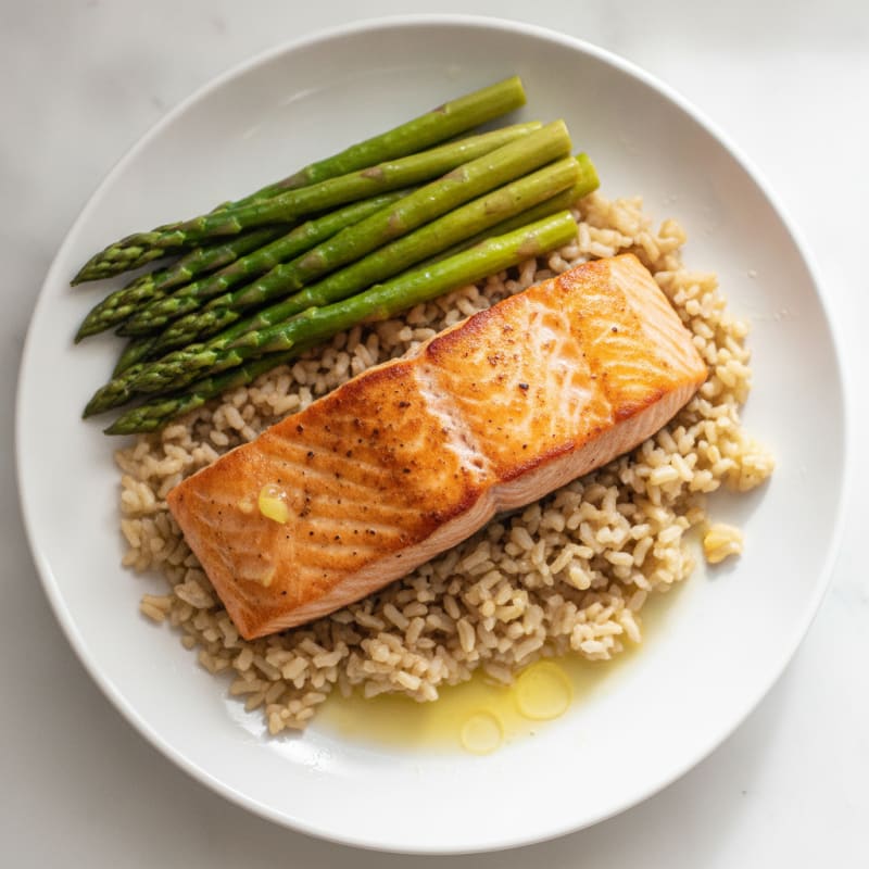 Seared Salmon with Steamed Asparagus and Brown Rice
