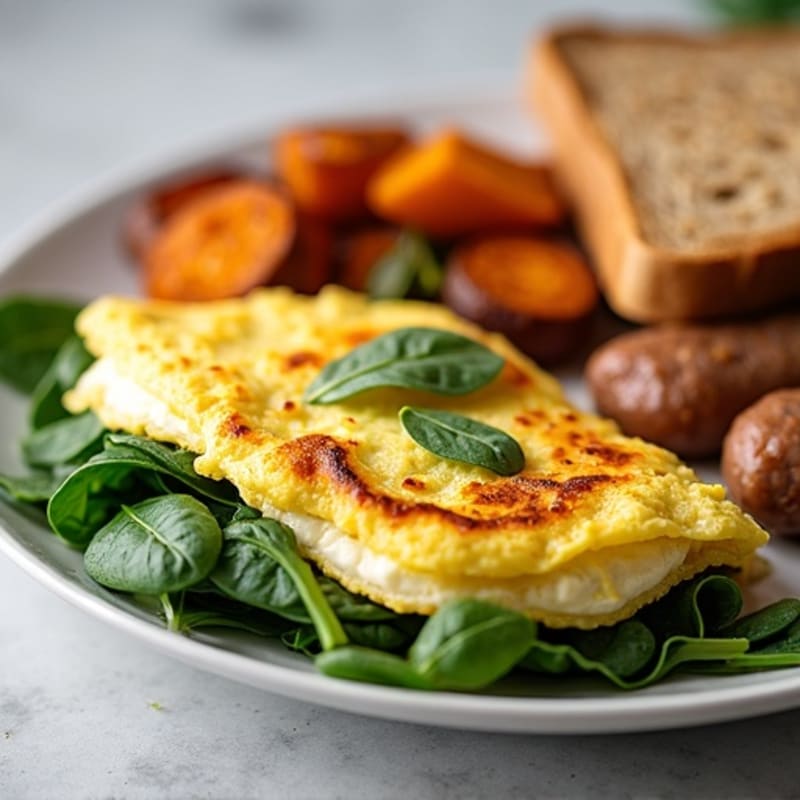 Egg White Spinach Omelette with Turkey Sausage and Roasted Sweet Potatoes