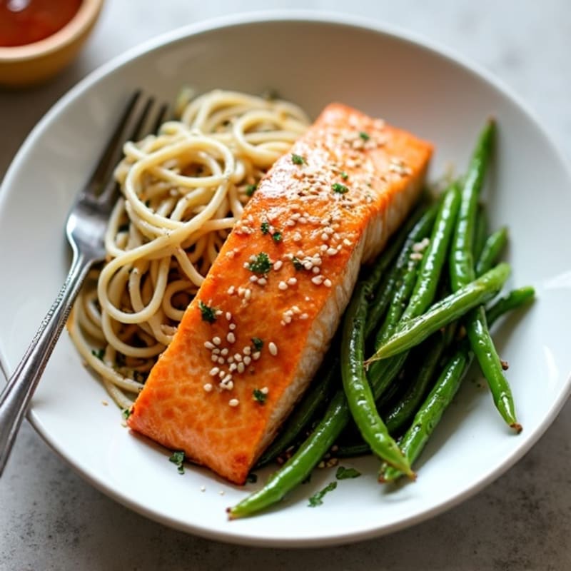 Pan-Seared Salmon with Garlic Sesame Noodles and Crisp Green Beans