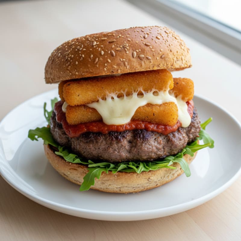 Mozzarella Stick Beef Burger with Marinara