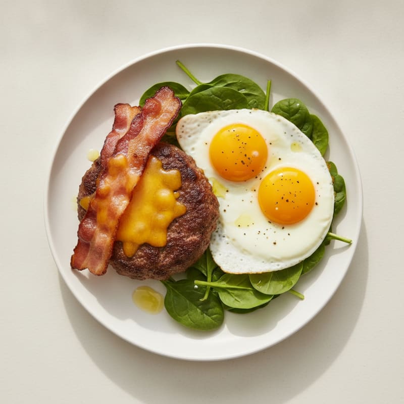 Bacon Cheddar Beef Patty with Sunny-Side-Up Eggs