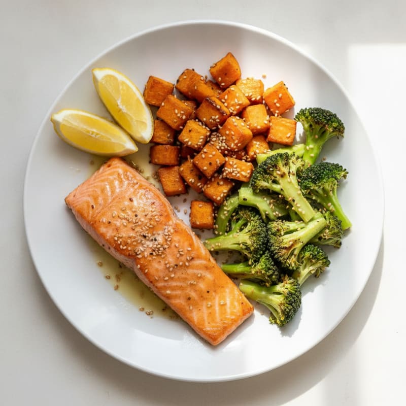 Seared Salmon with Roasted Sweet Potatoes and Broccoli
