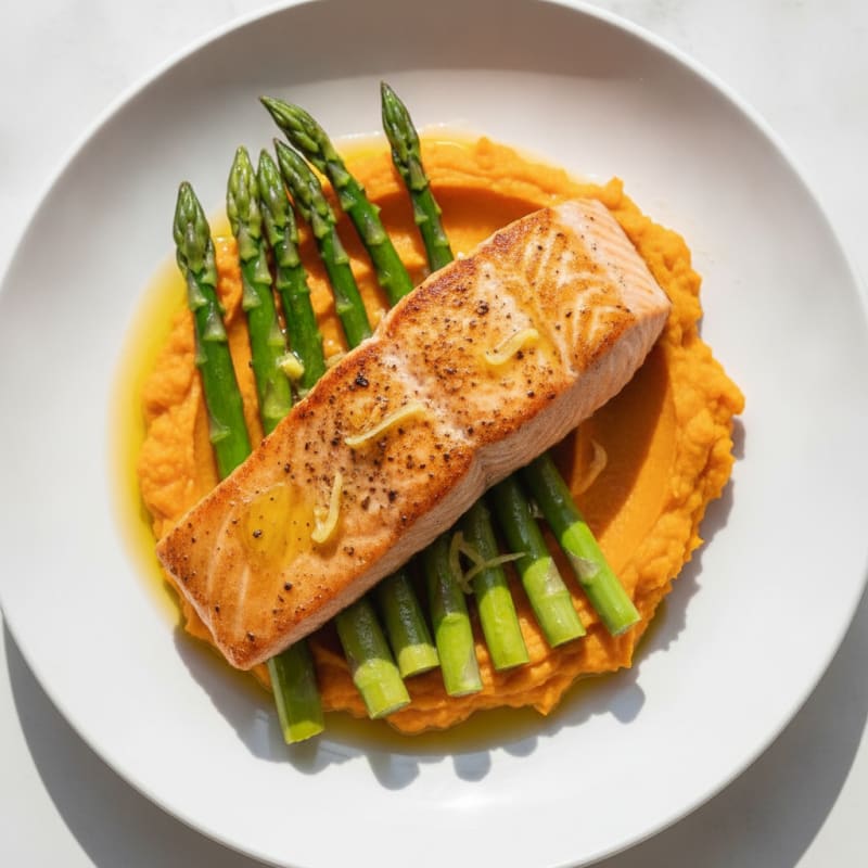 Seared Salmon Fillet with Steamed Asparagus and Sweet Potato Mash
