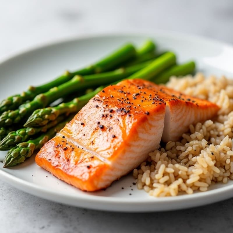 Seared Salmon with Steamed Asparagus and Brown Rice