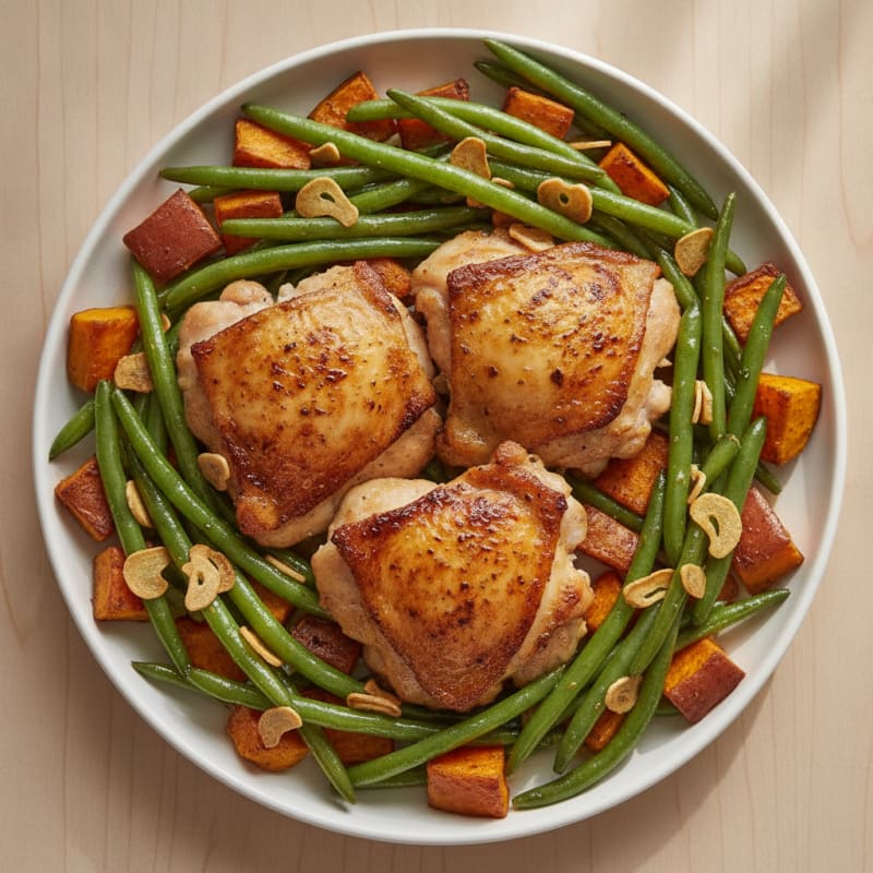 Seared Chicken Thighs with Garlic Green Beans and Roasted Sweet Potato