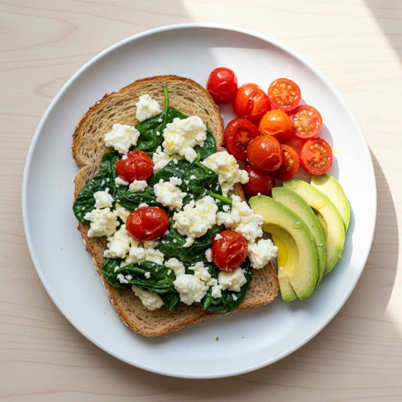 Egg White Spinach Scramble with Cottage Cheese and Cherry Tomatoes