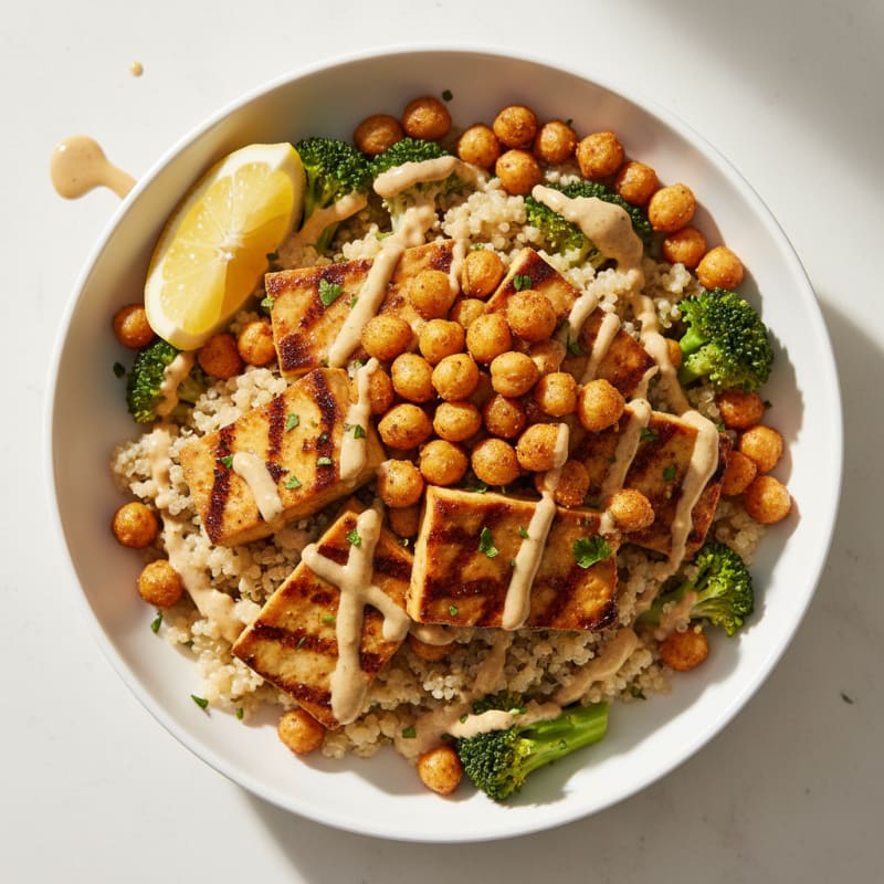 Grilled Marinated Tofu and Quinoa Bowl with Roasted Chickpeas
