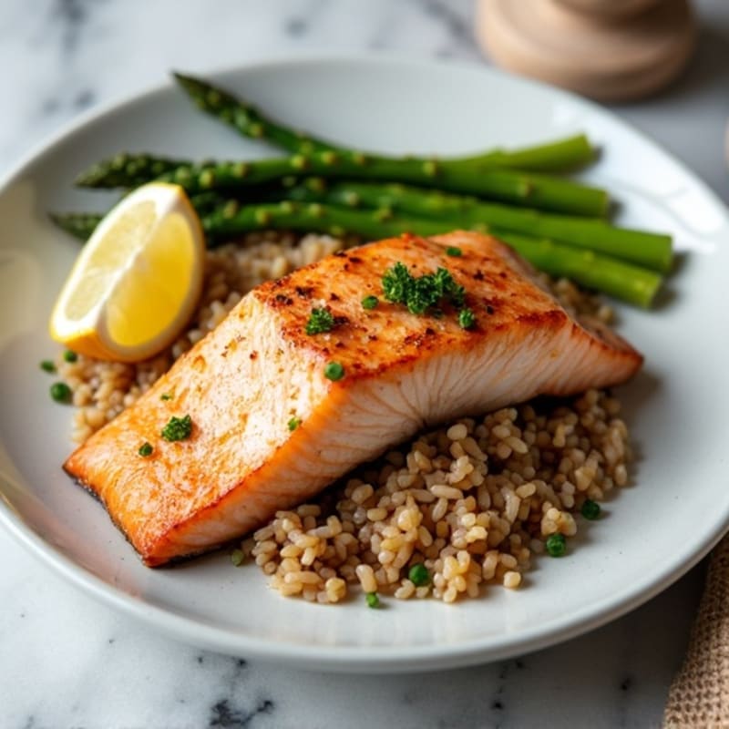 Seared Salmon Fillet with Steamed Asparagus and Brown Rice
