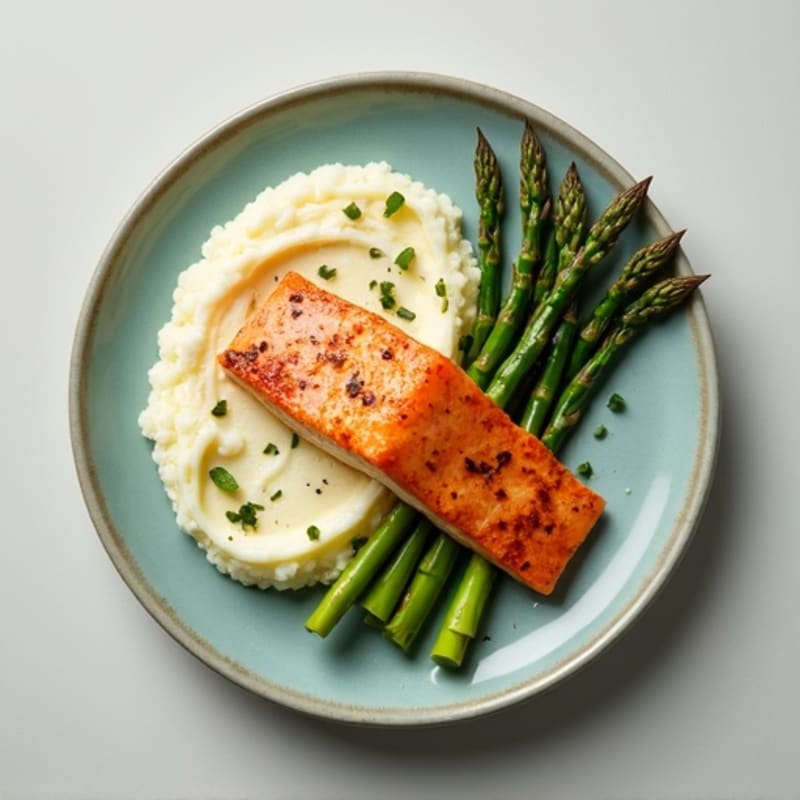 Seared Salmon with Steamed Asparagus and Cauliflower Mash