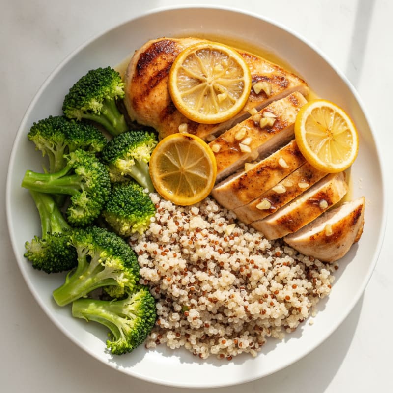 Grilled Lemon Garlic Chicken Breast with Quinoa and Steamed Broccoli