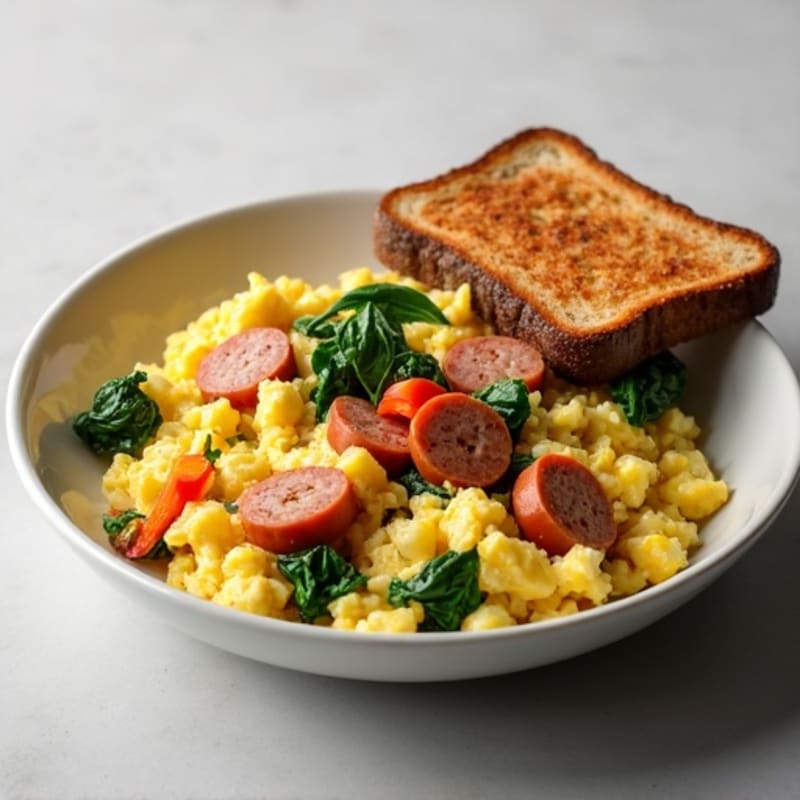 Egg White Veggie Scramble with Turkey Sausage and Whole Grain Toast