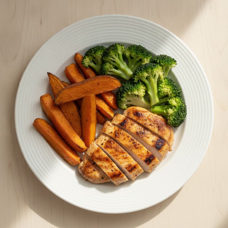 Grilled Chicken Breast with Roasted Sweet Potato and Steamed Broccoli