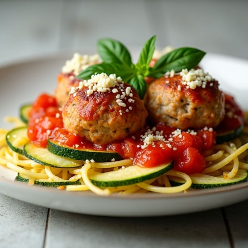 Savory Turkey Meatballs with Zucchini Ribbons and Fresh Tomato Sauce
