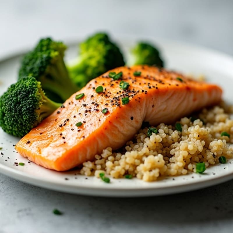 Seared Salmon with Steamed Broccoli and Quinoa