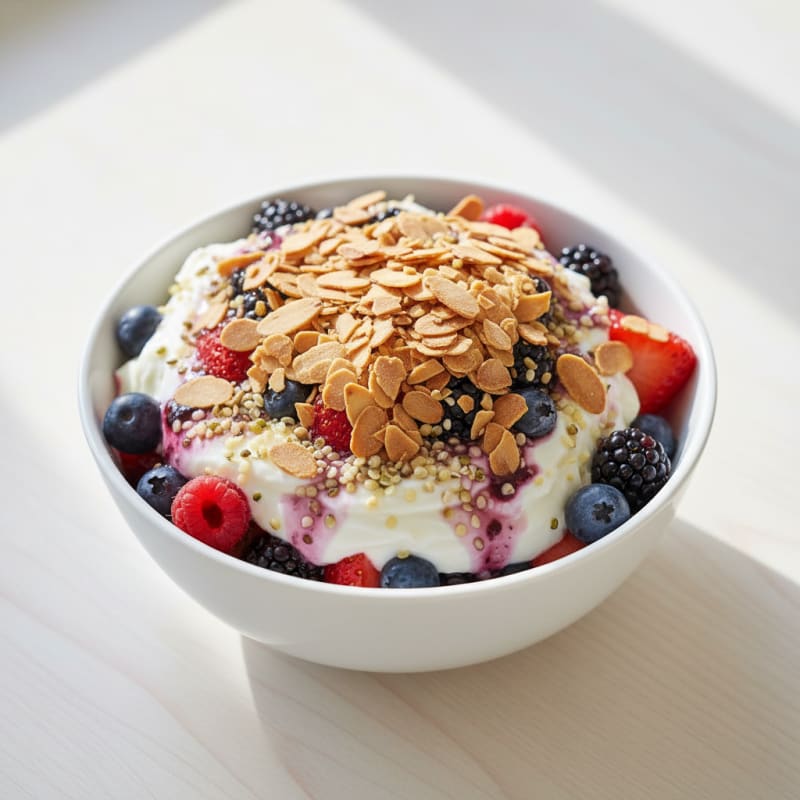 Greek Yogurt Parfait with Mixed Berries and Crunchy Almonds