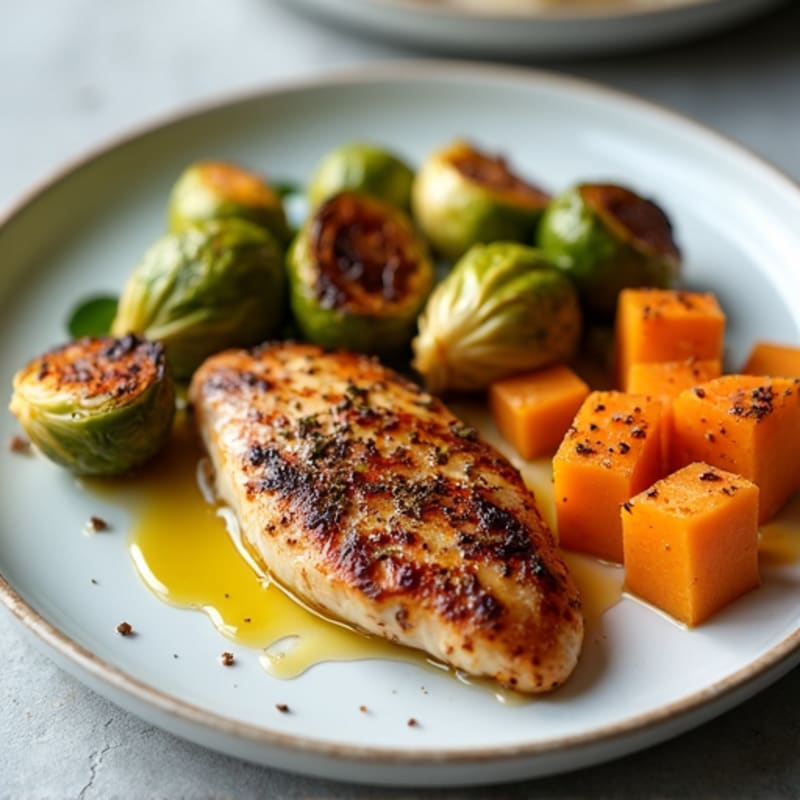 Seared Chicken Breast with Roasted Brussels Sprouts and Sweet Potato