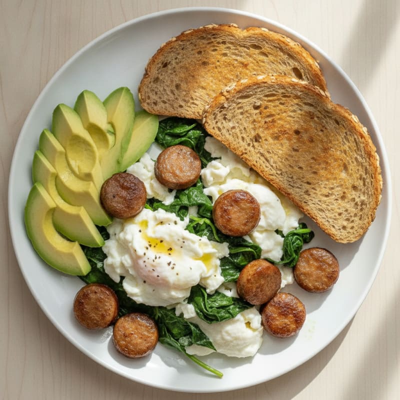 Egg White Scramble with Turkey Sausage and Sautéed Spinach