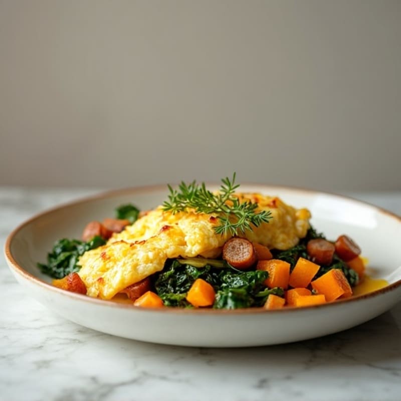Egg White and Turkey Sausage Scramble with Spinach and Roasted Sweet Potato