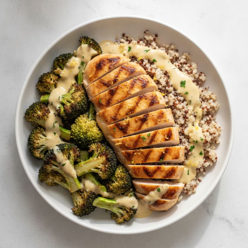 Grilled Chicken and Quinoa Bowl with Roasted Broccoli and Lemon Tahini Drizzle