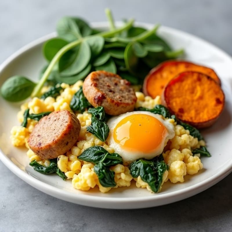 Egg White and Turkey Sausage Scramble with Spinach and Roasted Sweet Potato