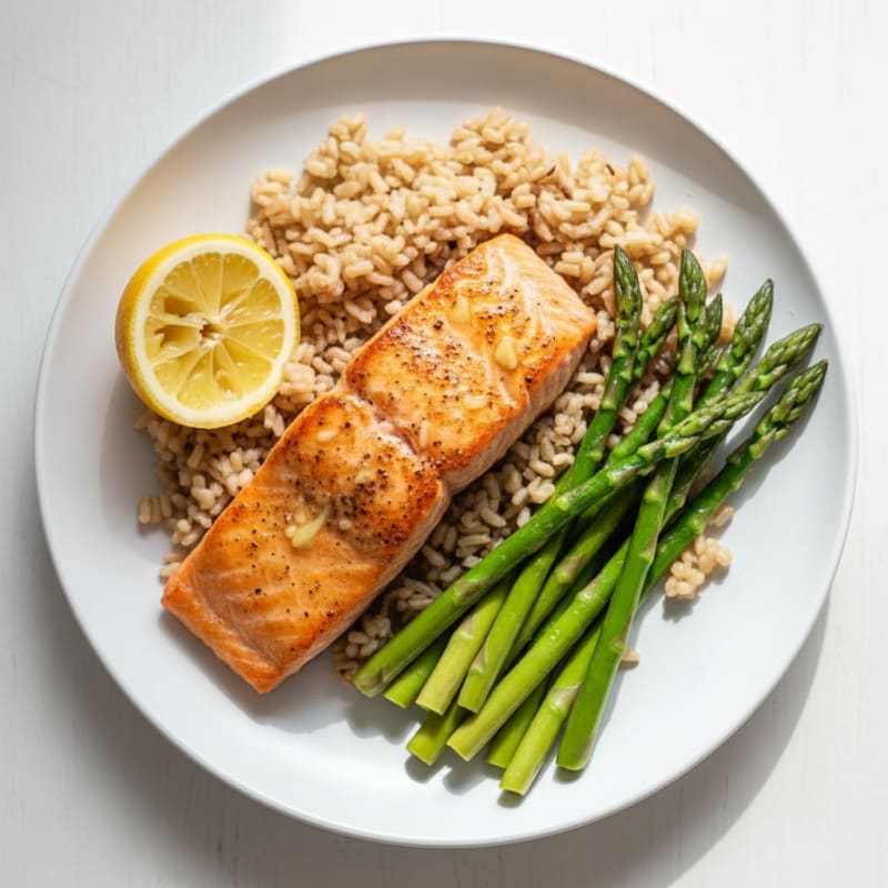 Seared Salmon Fillet with Steamed Asparagus and Brown Rice