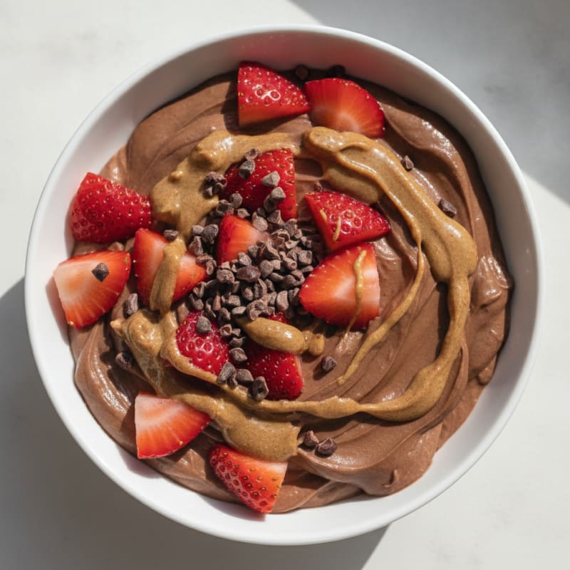 Chocolate Protein Yogurt with Sliced Strawberries